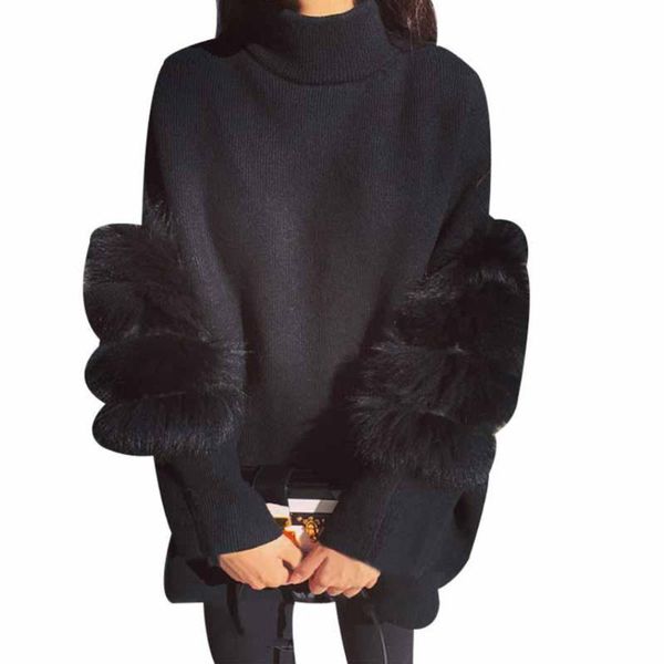

women's sweaters women oversized fur sweater winter truien dames fluffy tunic turtleneck pull femme manche longue 2021 fashion outwear, White;black