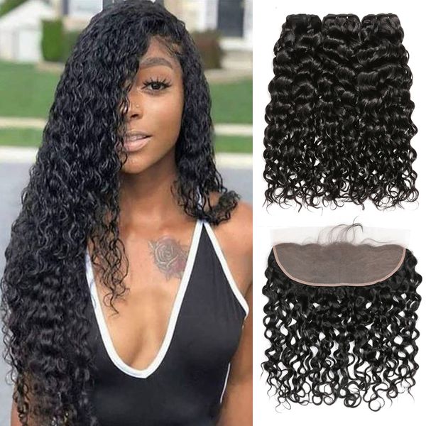 

water wave bundles with frontal closure malaysian hair bundles with closure human hair 3 bundles with closure remy hair extension beyo, Black;brown
