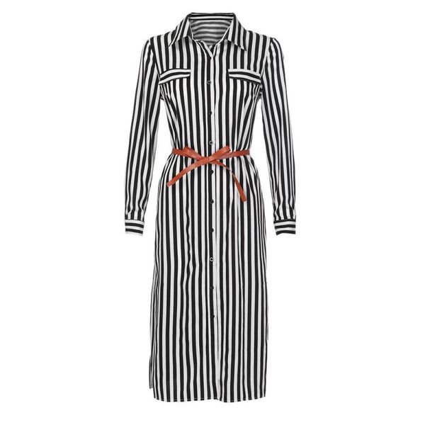 

kancoold dress women fashion stripe printed long sleeves button dress bandage belt shirt long women 2018aug8, Black;gray