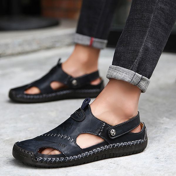 

leather sandals men black sandals male plus size 45-48 slip-on sewing breathable hollow casual shoes for men 2019 news