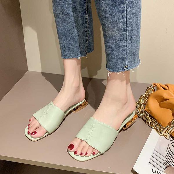 

shoes woman 2020 woman's slippers med square heel slides rivet new block summer flat rome pu rubber hoof heels, Black