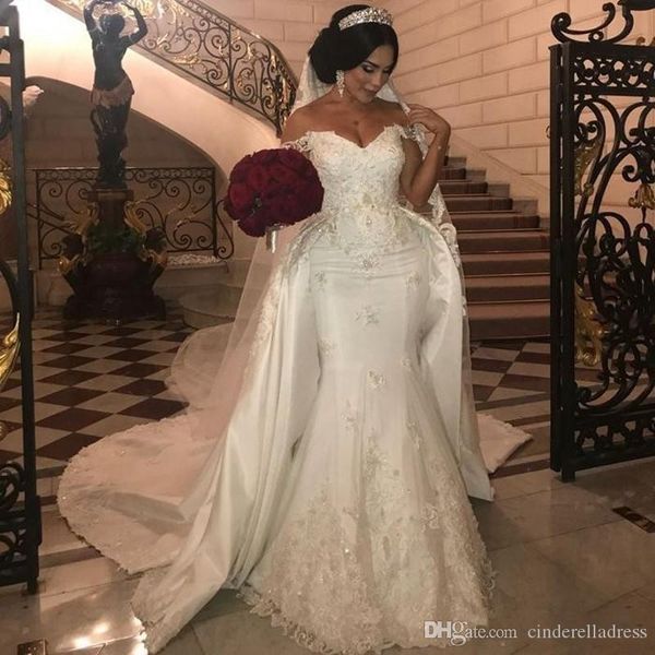

2020 african overskirts wedding dresses plus size lace appliques off the shoulder mermaid wedding dress beads sequins bridal gowns, White