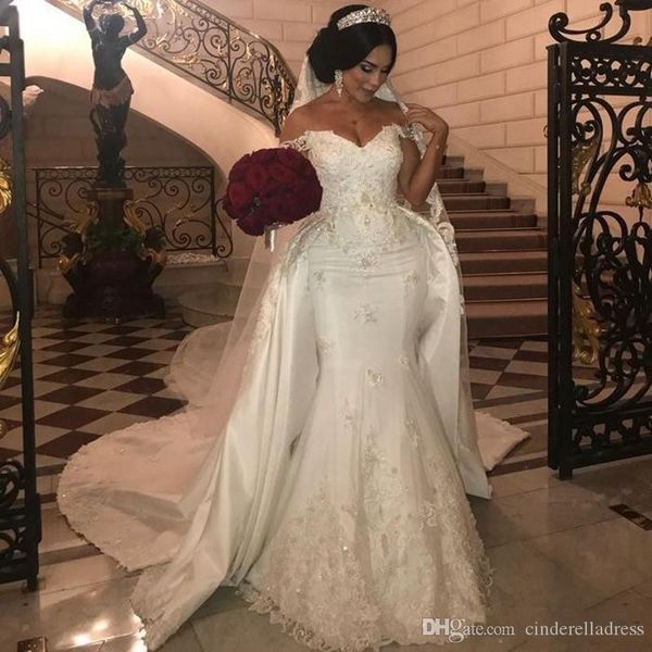 2020 Africano overskirts Vestidos de casamento Plus Size apliques de renda fora do ombro Mermaid Wedding Dress Beads vestidos de lantejoulas de noiva