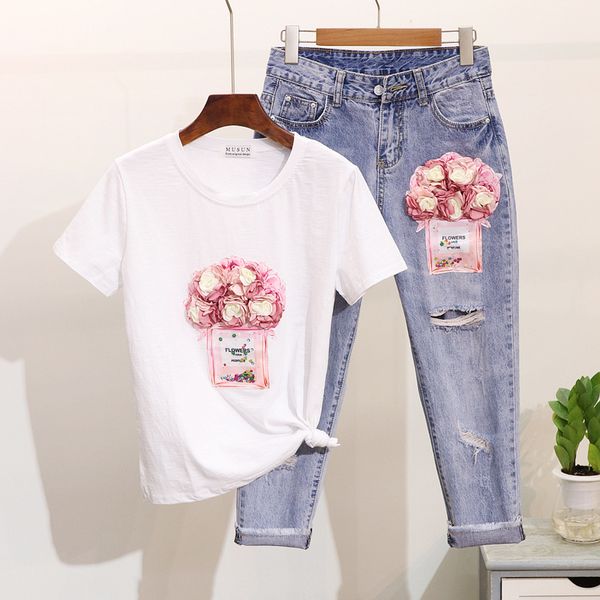 

summer women two piece set pink flower bottle sequin white t shirt + ankle ripped jeans woman 2 pieces pant suit sets outfits