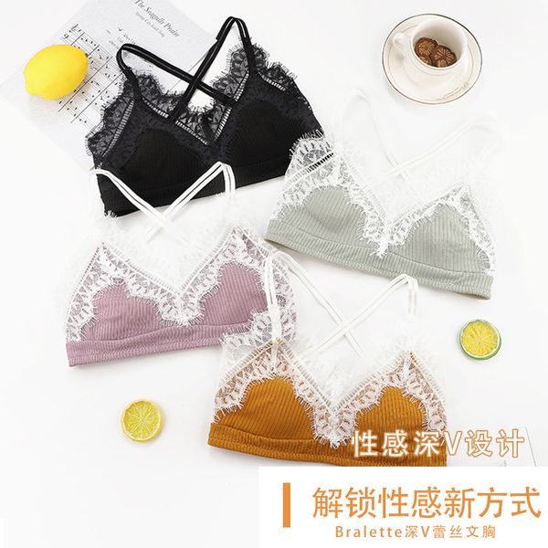 

bras sets non-steel ring underwear women's thin cross-back small bust comfortable lace triangle cup bra, Red;black