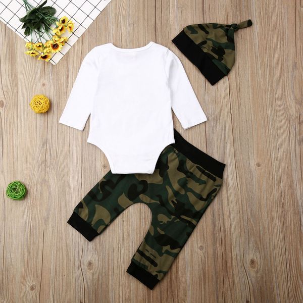 

toddler boy clothes 3pcs newborn baby boy long sleeve letter bodysuit + camo pants +hat warm outfits clothes, White