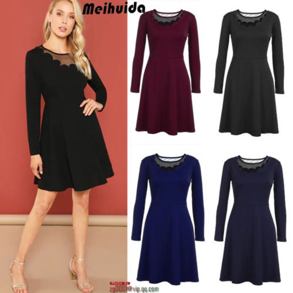 

new women's summer lace long sleeve a line short dress ladies spring slim high waist party evening club short mini dress, Black;gray