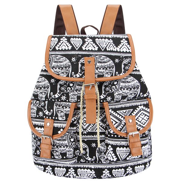 

designer backpack vintage black elephant canvas printing backpack women drawstring rucksack bagpack mochilas feminina aztec bag