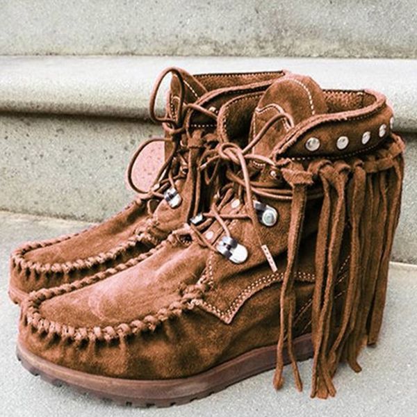 

tassel western women's short booties rome solid large size lace-up low flat heels fringe short boots plus size shoes 35- 43, Black