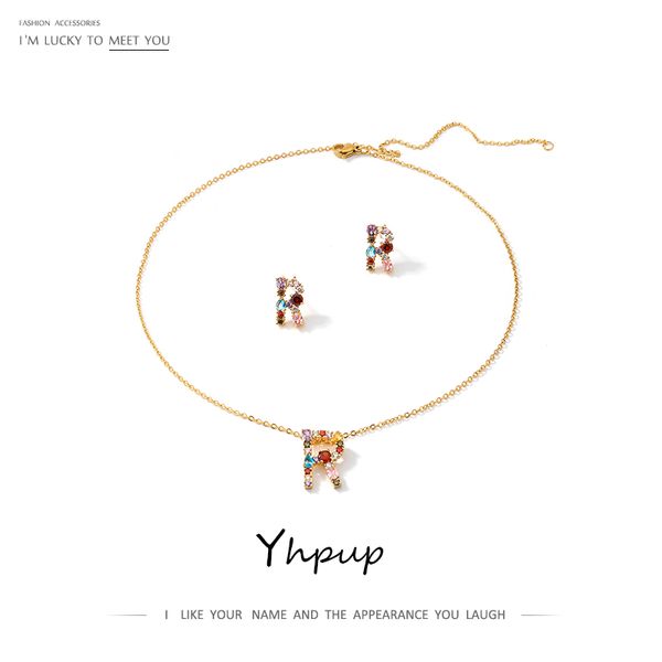 

yhpup jewelry-sets rainbow color zirconia necklace earrings letter r wedding fashion jewelry charm statement accessories 2019, Silver