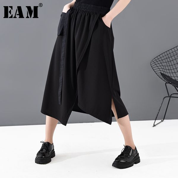 

eam] high elastic waist black asymmetrical spit joint pocket half-body skirt women fashion tide new spring autumn 2020 1t481