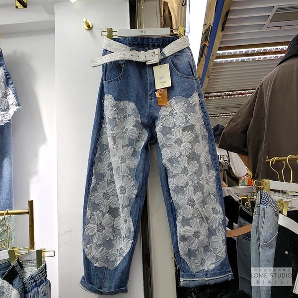 

европейские сыпучие джинсы для женщин new europe блестки вышивка прострочкой кружева ажурной малый ароматные джинсы прямые ноги штаны, Blue