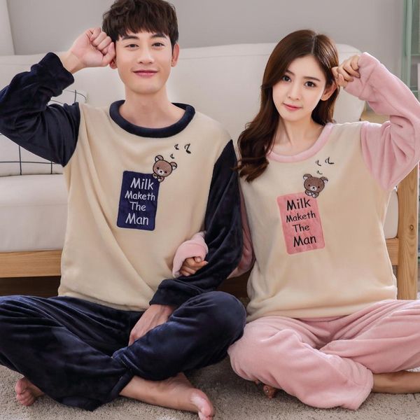 

couples thick warm cute cartoon flannel pajama sets for women new winter long sleeve coral velvet sleepwear men homewear clothes, Black;red