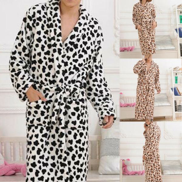 

men women fashion flannel leopard print long robe soft bathrobe towelling bath robe dressing gown nightwear, Black;brown