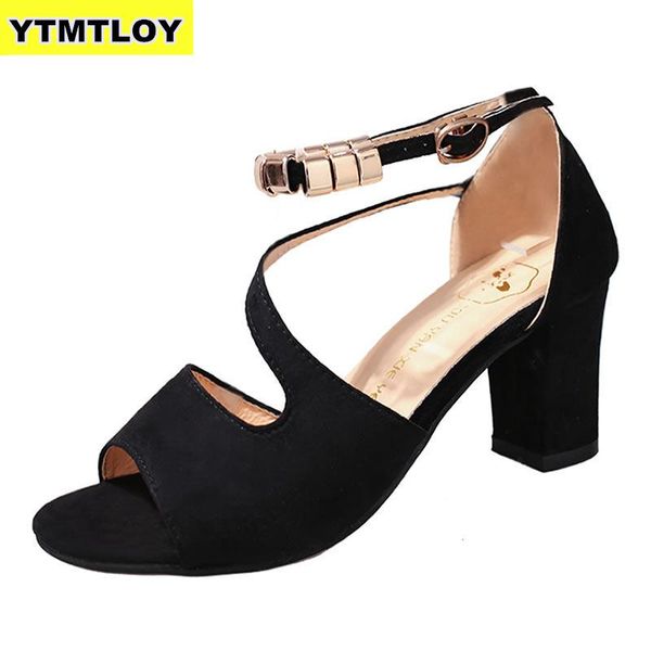 

ankle strap plus size 34-42 heels women sandals summer shoes open toe chunky high party dress gladiator zapatos de mujer sexy, Black