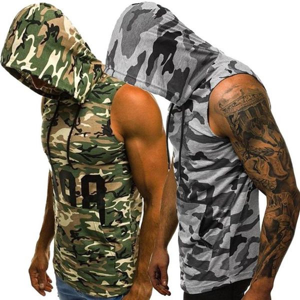

men's camouflage hooded vest mens blouse fashionable personality cap comfortable sleeveless t-shirt #2d03, Black;blue