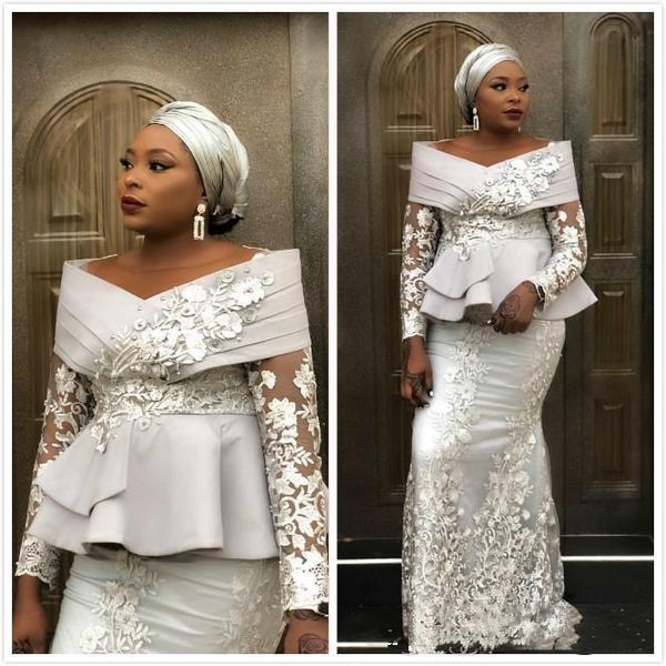 

aso ebi африканских 2020 новый вечерние платья элегантное плеча с длинным рукавом кружева аппликации баски плюс размер знаменитости пром пла, Black;red