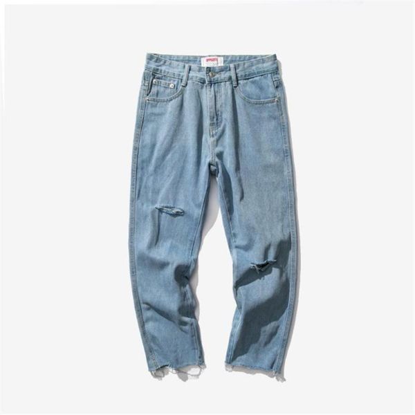 

new 2020 hong kong style summer loose hole beggar pants korean straight cropped ankle length pants trendy thin rotten feet jeans, Blue