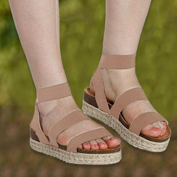 

sporty platform sandals beige summer womens shoes open toe elastic band straps roman sandals for beach travel lady#, Black