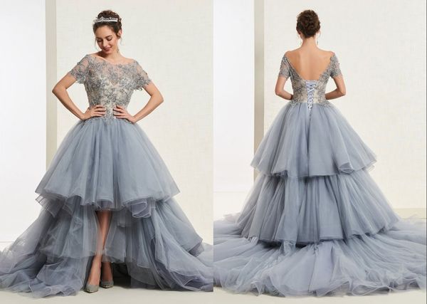

amazing sliver hi low prom dresses evening gowns layers tulle with sleeves lace applique beads celebrity party formal dress gown, Black