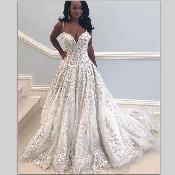 

african lace wedding dresses with spaghetti straps sweep train plus size wedding dresses zipper back black girls country bridal gowns, White