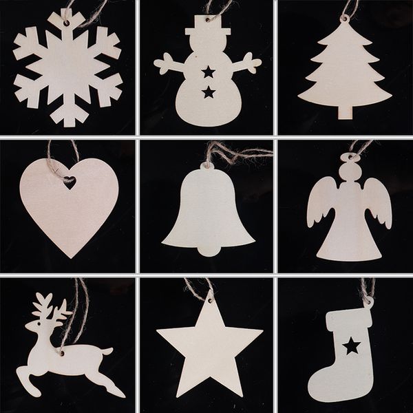 

10pcs new year christmas decorations solid color wooden diy christmas tree snowflake snowman sock deer ornaments f