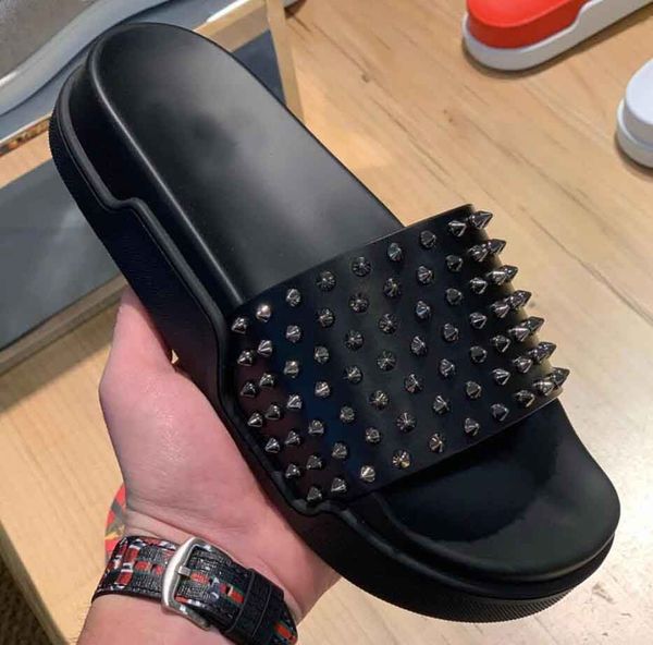 

luxury popular men's slides with spikes 2020 summer man red bottom sandals pool fun flats slip on slippers flip flops slippery, Black