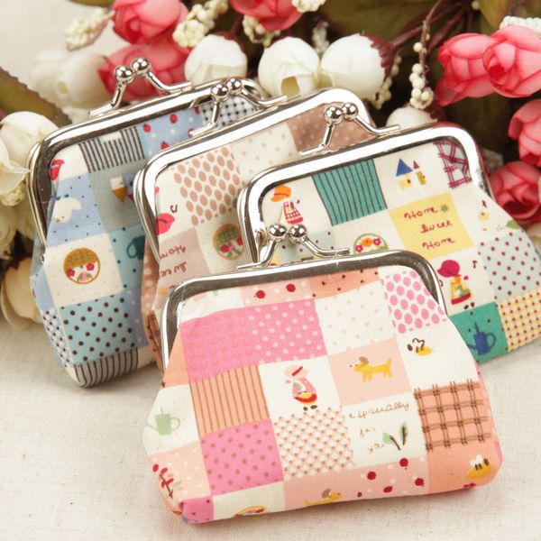 

women girls rural style cartoon grid cloth art hasp wallet coin bag lady handbag coin purse pouch, White