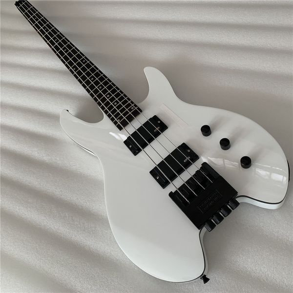 

white headless electric bass guitar with hh pickups,tremolo,rosewood fretboard,black hardwares,offering customized services