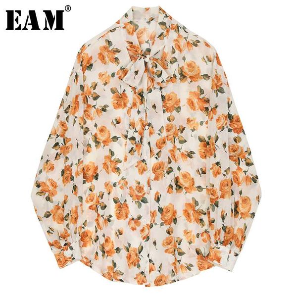 

eam] women pattern printed chiffon big size blouse new bow collar long sleeve loose fit shirt fashion spring autumn 2020 1t372, White