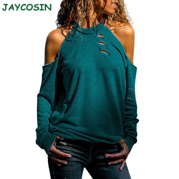 

jaycosin clothes women off shoulder womens and blouses fashion hollow out long sleeve solid color blouse shirt 1010, White