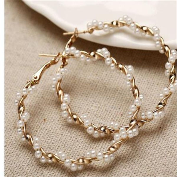 

new gold tone simple vintage hoop earrings for women big circle pearl twisted earring brinco fashion female statement earring hz, Golden;silver