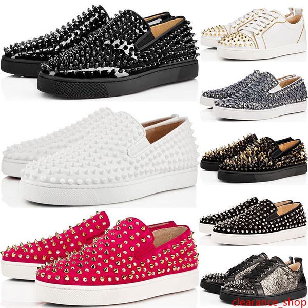 

2019 new designer studded spikes flats shoes red with flat bottoms shoes mens womens party lovers genuine leather sneakers size 36-46