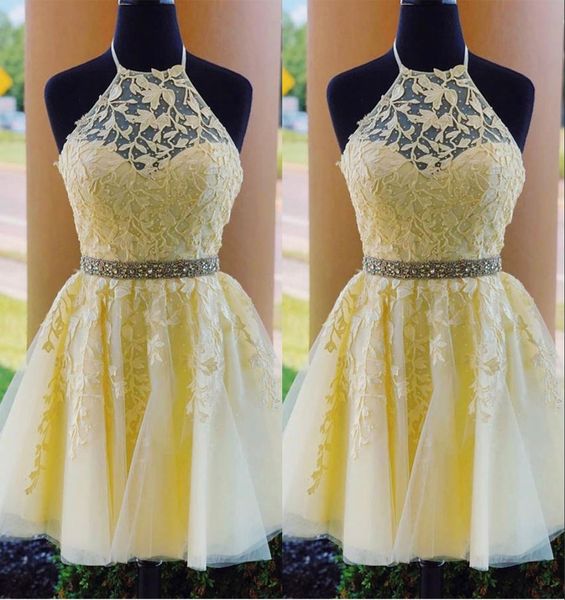 

romantic light yellow halter lace short party prom dresses sheer neck applique beaded crystal homecoming graduation dress cheap, Black