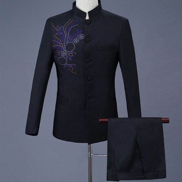 

brand design men's chorus costumes black & white stage costumes tunic chinese style host singer suits 2 pieces sets 525, White;black