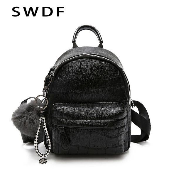 

swdf 2020 mini backpack women stone pattern leather backpacks for girls small back pack ladies casual daypack with hairball