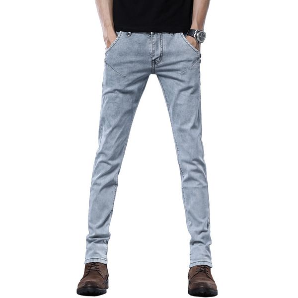 

foreign trade spring and summer new style korean-style men's elasticity slim fit cowboy trousers youth fashion skinny pants, Blue