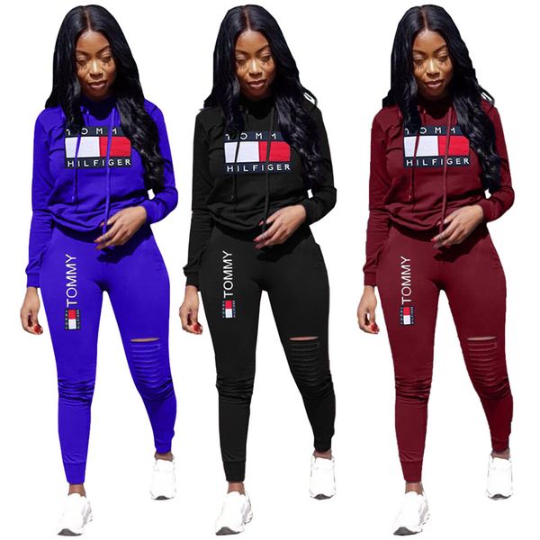 

women letter print tracksuit sports 2 piece set long sleeve hoodies bodycon pants brand fall winter clothing ripped casual jogger suit 1796, White