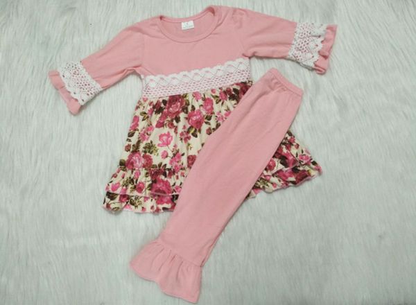 

pink cotton sleeve match ruffle pants set children winter clothes, White