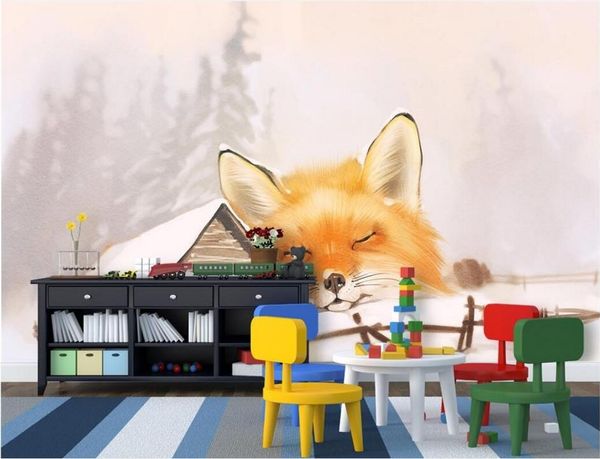 

wdbh 3d wallpaper custom p cartoon hand drawn warm snow wooden house sleeping fox children's room 3d wall mural wallpaper for walls 3 d