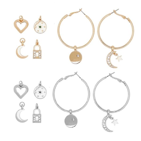 

1 set star moon heart lock hoop earrings replaceable tiny huggie charm pendant drop earring kit women minimalist jewelry, Golden;silver