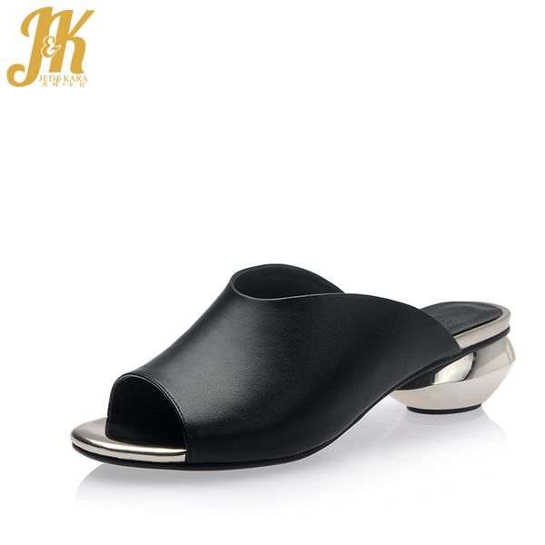 

jk 2018 genuine leather slides fashion women slippers med thick heeled peep toe mules summer outside solid leisure women shoes, Black