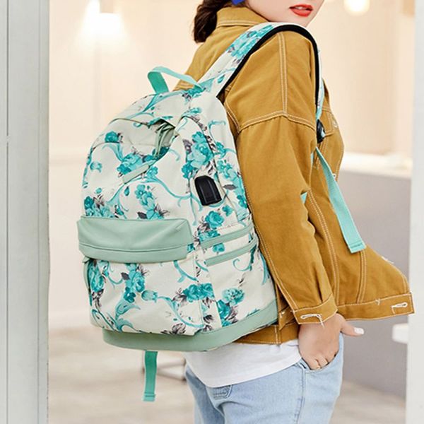 

women flower printed canvas backpack usb charging port casual rucksack large capacity dackpack for teenage girls school bookbag