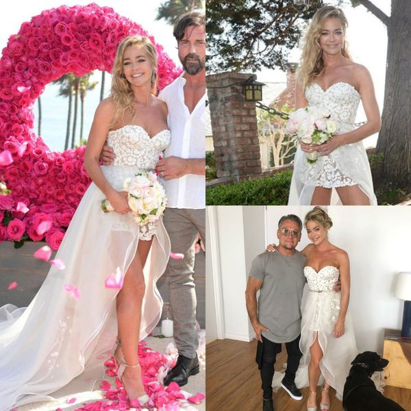 

denise richards short wedding dress with detachable skirts sweetheart lace boho bridal dresses custom made summer bohemian wedding gowns, White