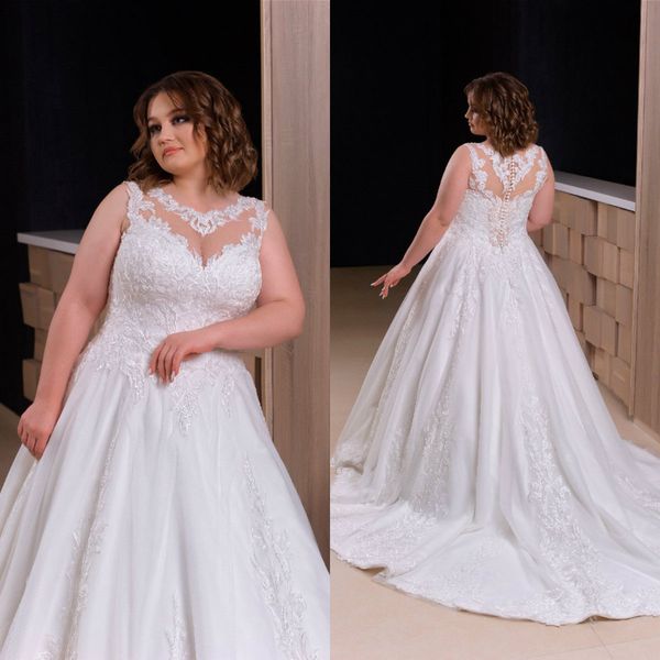 

2020 plus size bohemian wedding dresses v neck appliqued sleeveless beach bridal gown ruffle sweep train custom made abiti da sposa, White