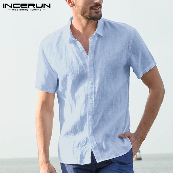 

summer fashion short sleeve shirt men streetwear lapel neck cotton button mens casual shirts camisa plus size 2019 incerun, White;black