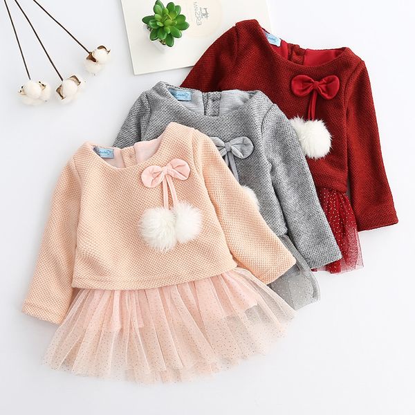 

new cute baby girl dress cotton knitted tutu dress pompon mesh gilded princess dresses bowknot kids party costume kids clothes, Red;yellow