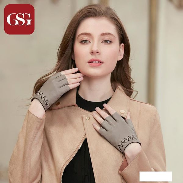 

gsg fingerless sheep leather gloves women handmade woven fashion gloves gray black brown button ladies half finger driving glove y191024, Blue;gray