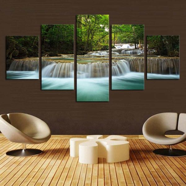 

5 pcs nature forest green lake waterfall painting canvas pictures print hd home decor poster living room wall art no framed