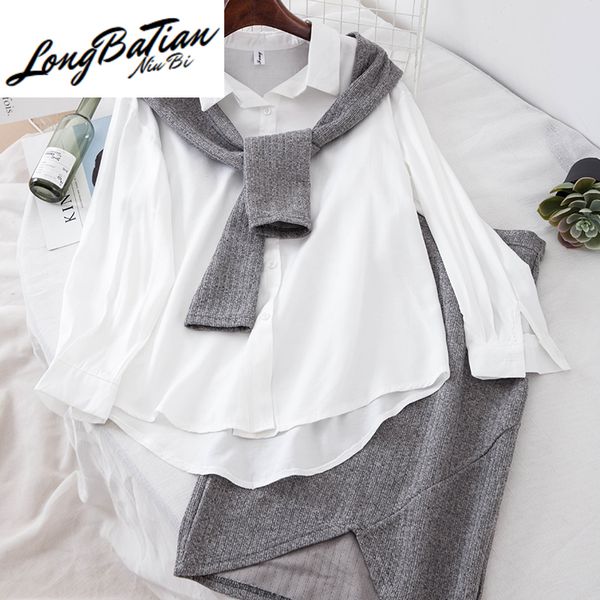 

2020 spring autumn 2 piece set patchwork knitted blouse shirt suit fashion loose knit skirt women 2pcs outfits, White